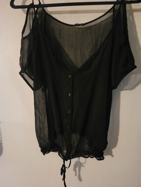Sheer Black Button-Front Women’s Top with Drawstring Hem